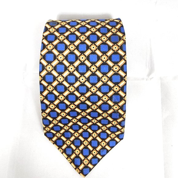 Domani Men's Tie Italian Silk Blue & Gold Geometric Design USA - Picture 8 of 8